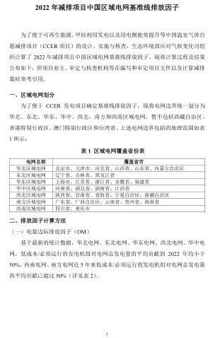 2022年減排項目中國區域電網基準線排放因子（國家氣候戰略中心）