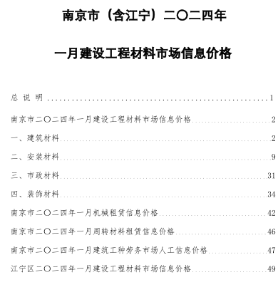 南京市(含江寧)二〇二四年一月建設(shè)工程材料市場信息價格