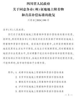 川府函〔2024〕190號：四川省人民政府關(guān)于同意各市(州)征地地上附著物和青苗補償標準的批復(fù)（四川省人民政府2024年7月20日）