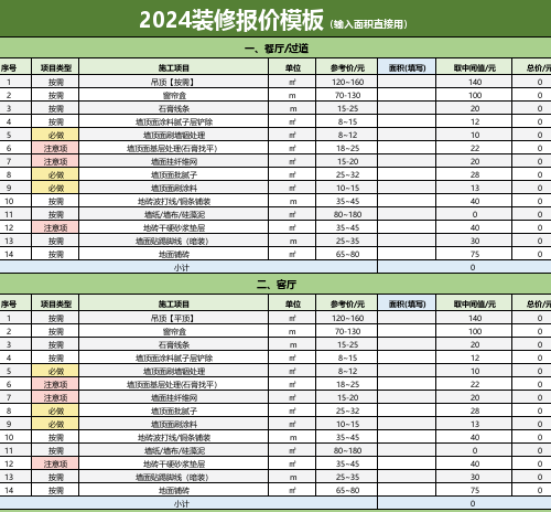2024裝修報(bào)價(jià)模板（含報(bào)價(jià)參考）（僅供參考）